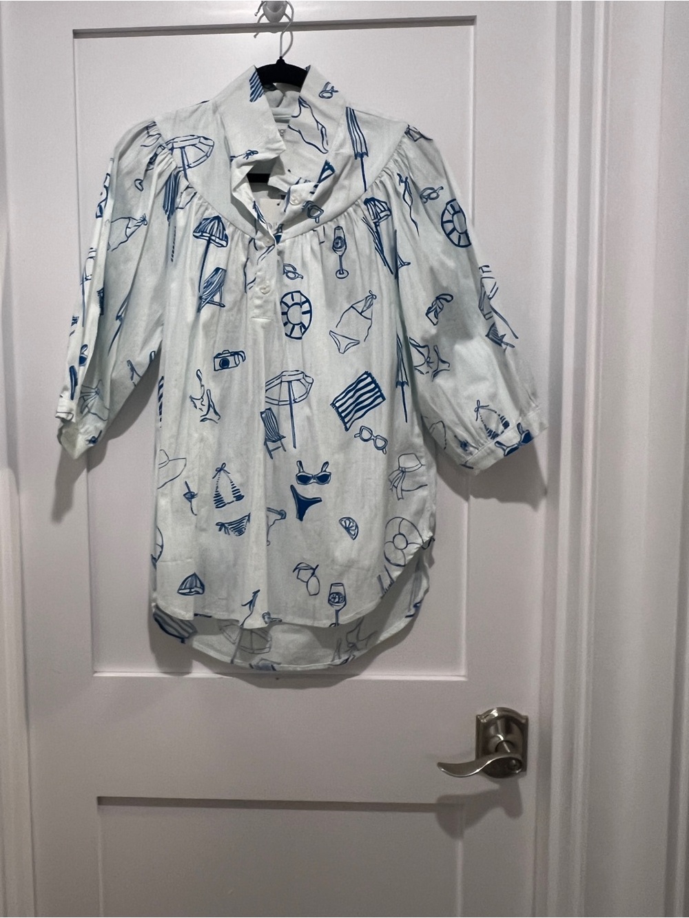Holly Shae White Tunic Blouse with Blue summer, pool, swim, vacation Print S/M - Picture 3 of 6